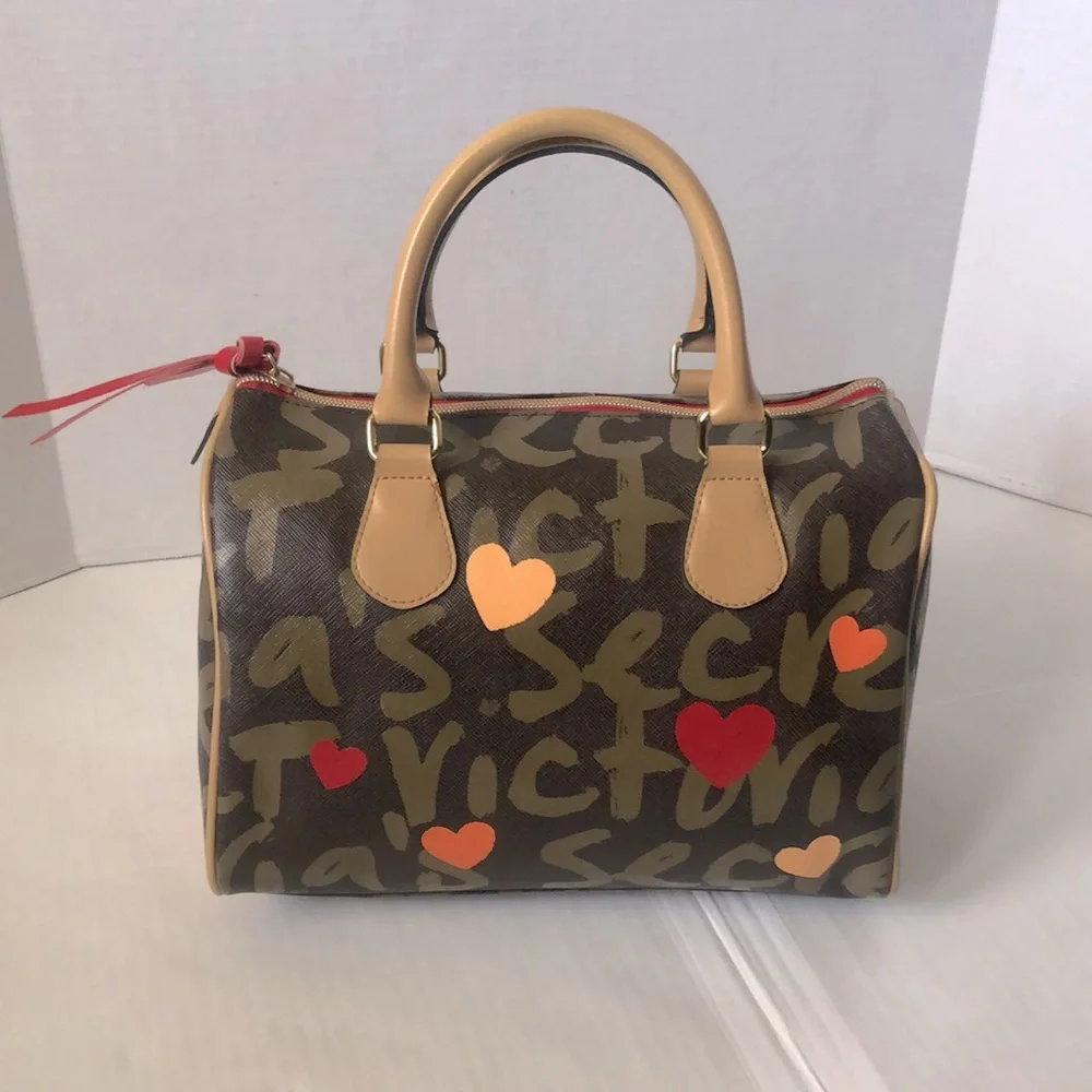 Victoria's Secret Brown Graffiti Heart Satchel with Red and Orange Accents - Picture 1 of 16